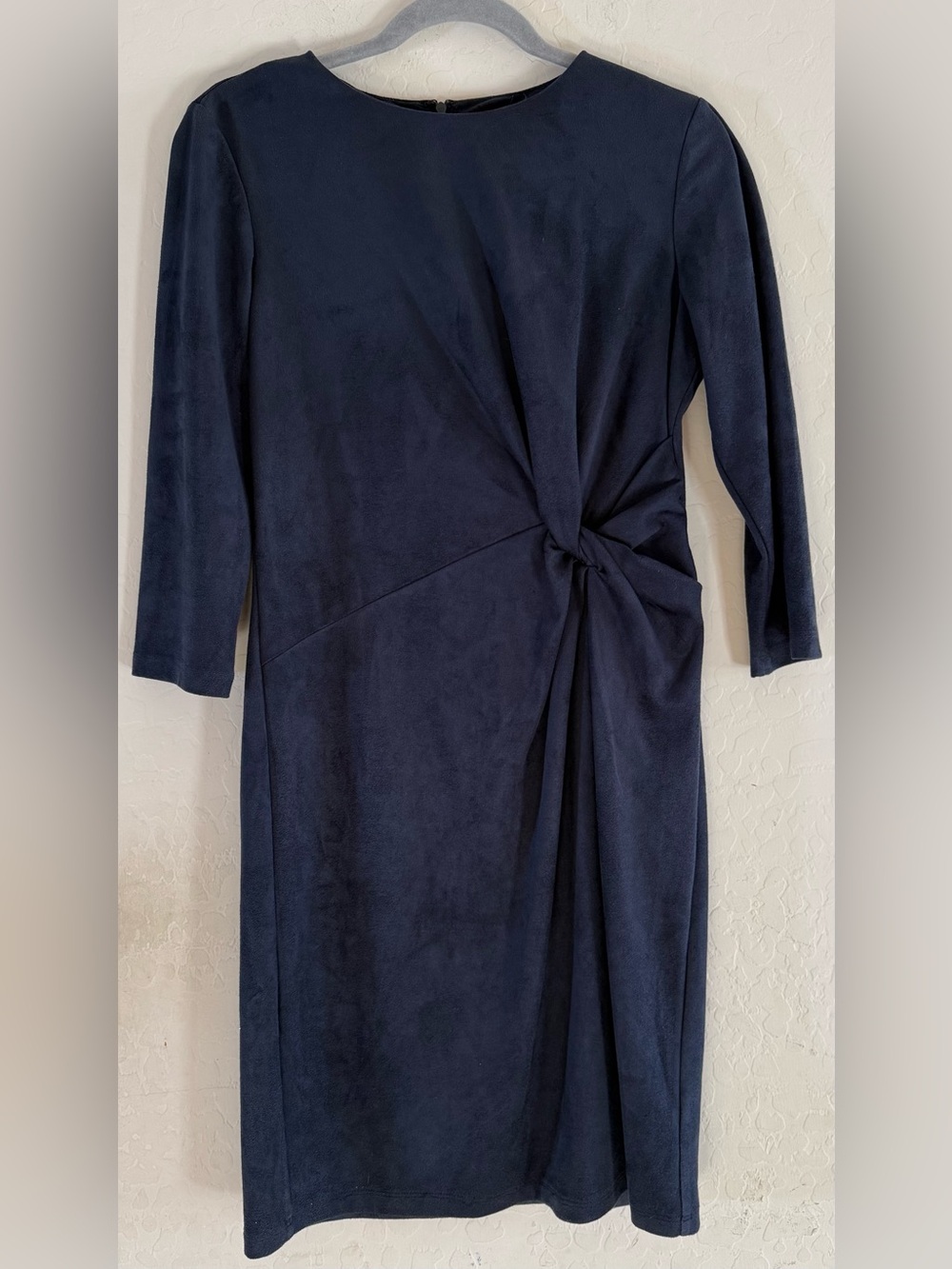 J.McLaughlin, medium, navy faux suede twist-front sheath dress